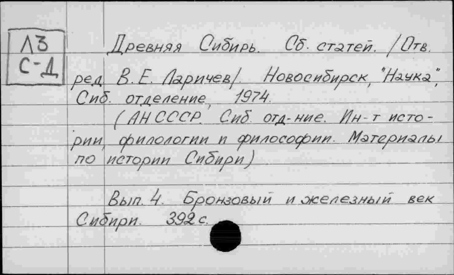 ﻿A3		Лре&НЯЯ ОиЗирь Oö статей. /О^В.
С-л	РЄ<1	R, F. ИдриЧОв/. /~/оВОС иИирСН ‘/И-УК-Б
	. Рис	£ отделение,	/974.	 (И// СССР СиЗ отд-иие. Ин т исто -	
	рии	сЬи/юиогии и Философии ___
	Г ' \ по	ИСТОРИИ Сибири) _ .			
		
—	—	Р>ЫП. //.	Бронзовый __BLлЖЄПе^пыи.^ве^	 їири. 39Zc.^
		
		